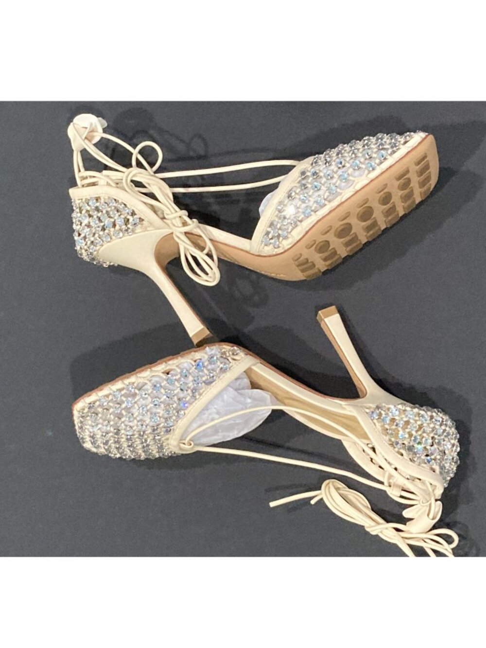 Bottega Veneta Crystal Sparkle Stretch Mesh Toile Lace Up Shoes Pumps 37.5 7